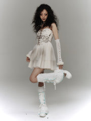 White Punk Slip Dress with Crisscross Lacing & Distressed Tulle Tiered Skirt