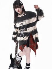 Zip Design Neckline and Hemline Gray and Creamy Striped Sweater