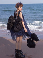 Black Solid Color Tulle Big Bow Backpack