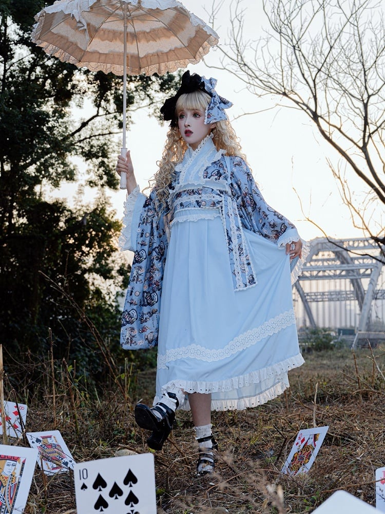 Alice in Wonderland Vibes Blue Bunny and Poker Print Top + Lace Trim JSK Dress Wa Lolita Set