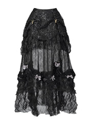 Black Goth Versatile Lace Patched Vintage Bustle Long Skirt