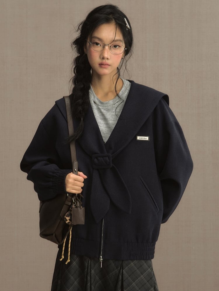 Navy Blue Classic Sailor Collar Jacket - Vintage Academia Style