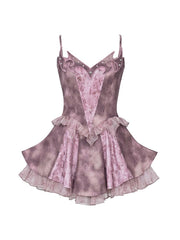 Dusty Pink Y2K Punk Studded Denim Slip Dress with Rhinestoned Totem Embroidery & Tiered Tulle Ruffles