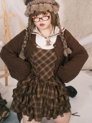 Plus Size Preppy Brown Round Neck Knit Cardigan with Button-Down Front