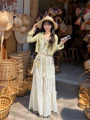 White Drawstring Waist Hollow-out Wide-Leg Pants with Tassel Cuffs Regular/Short Version