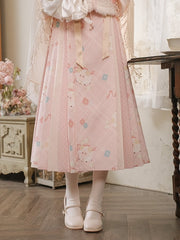 Cute Sheeps and Floral Print Pink Plaid Pleated Skirt