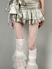 Y2K White Floral Pattern Fishnet Tights