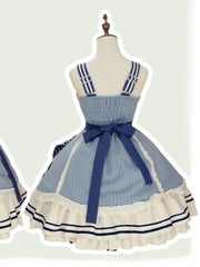 Blue & White Striped Sailor Lolita Dress with Anchor Motifs and Cat Embellishments