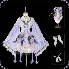 Purple Butterfly Fabric Chinoiserie Lolita Halter Neck Dress with Frog Buttons and Wide Sleeves