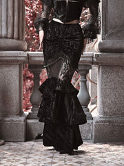 Clearance - Size L for Waist 76cm Victorian Goth Vampire Mermaid Skirt with Layered Flounce Hem and Black Pearl Tassels
