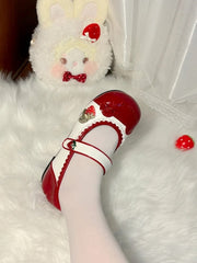 Sweet Strawberry Themed Red Lolita Indoor Slippers with Scalloped Hem & Bow Accents