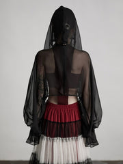 Urban Goth Black Sheer Hooded Embellished Blouse with Tassel Details