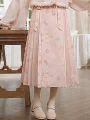 Cute Sheeps and Floral Print Pink Plaid Pleated Skirt