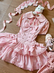 Pink Bow Accents Old School Lolita Sweet Dress Shimmer Polka Dots Fabric