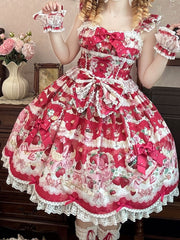 Red Flutter Sleeves Sweetheart Applique Sweet Lolita JSK Dress with Strawberry Cake Print