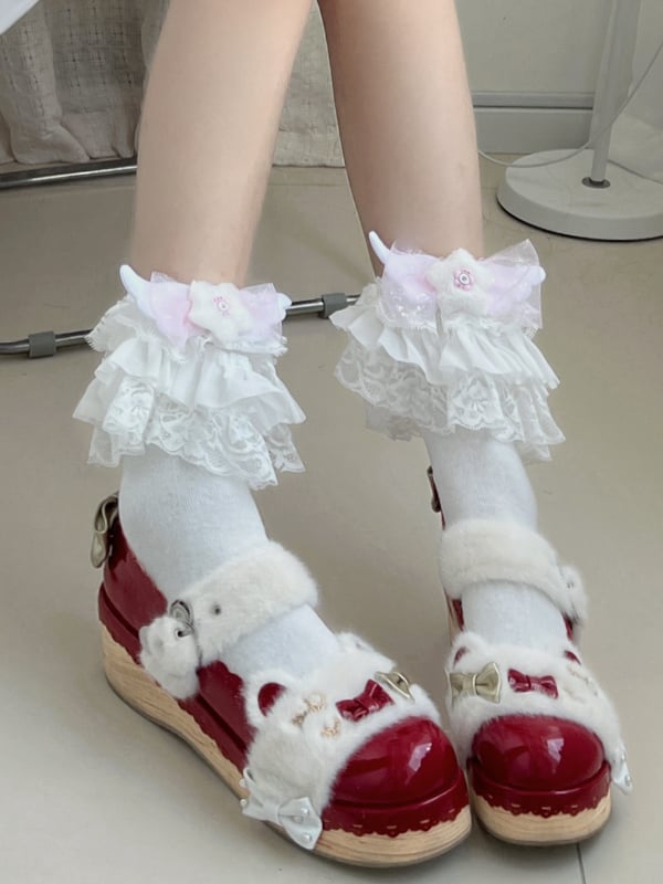 Star Wings Details Layered Lace Cuff Socks 5 Options