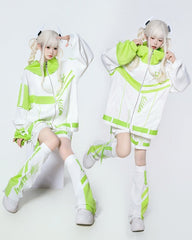 White Elastic Waist Shorts with Green Tech Snap Straps & Wing Embroidery