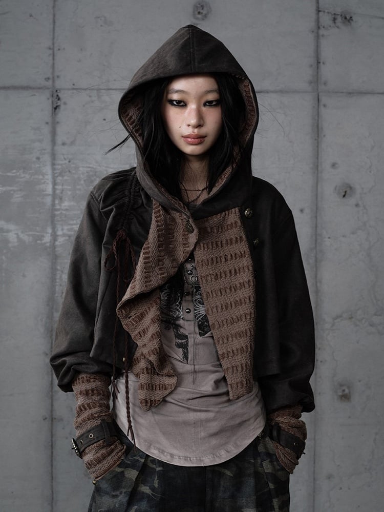 Dark Green Vintage Knit Hoodie Jacket with Suede Paneling