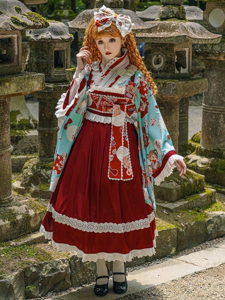 Blue Bear Print Crossover Design Top + Red Lace Trimmed JSK Dress Wa Lolita Set