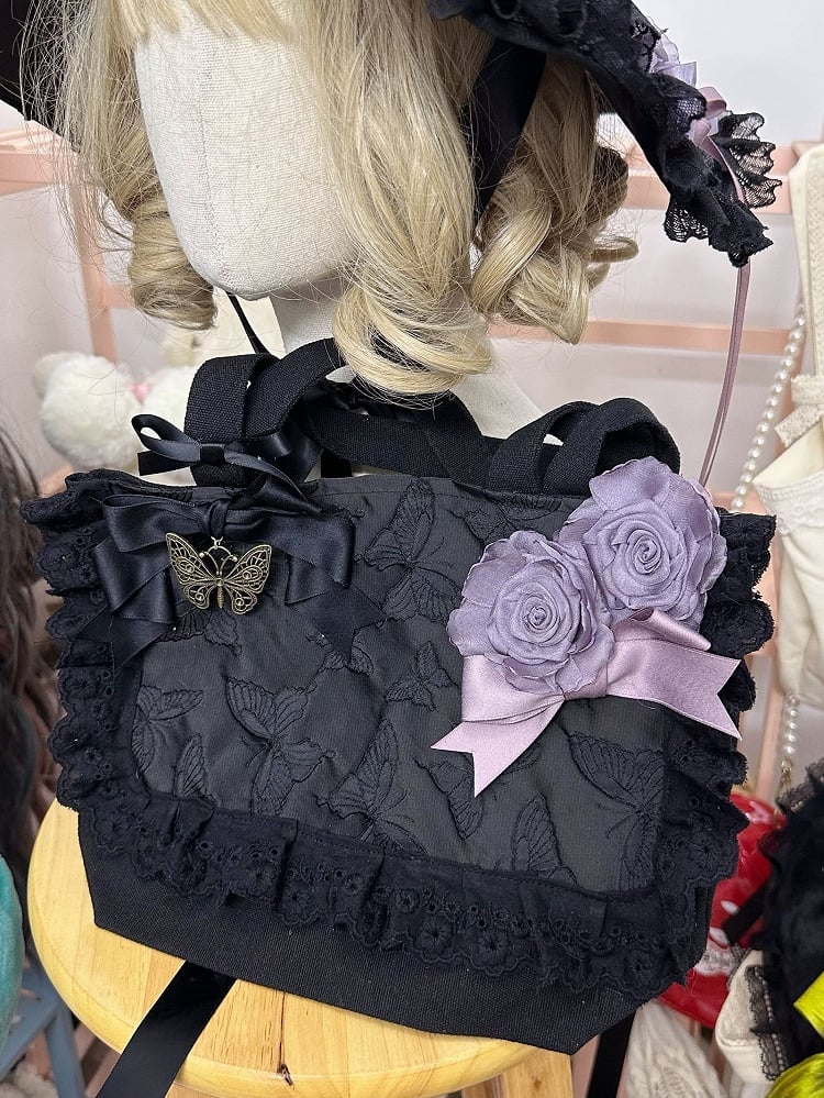 Purple Rosettes Black Gothic Butterfly Bag