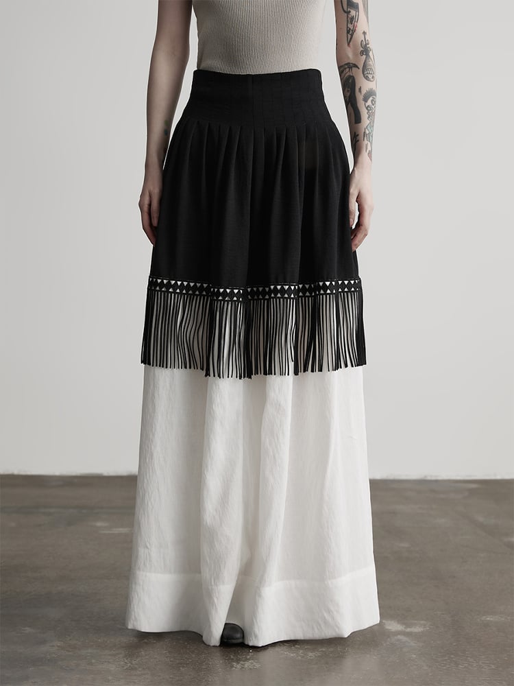 Urban Goth Black and White Patchwork A-Line Skirt with Tassel Decor
