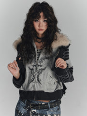 Gray Punk Zip-Up Faux Fur Collar Jacket with Wing Print & Striped Sleeves