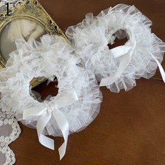 White Lace Ruffle Cuffs/Kitty Print Tulle Underknee Stockings/Bowknot Leg Loop