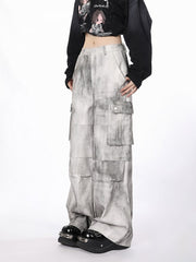White & Gray Tie-Dye Cargo Wide-Leg Jeans with Utility Pockets
