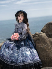 Angel Print Dark Blue High Waist Lolita Jumper Skirt with Overlay Full Set