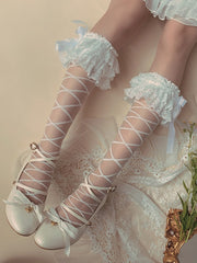 White Lolita 3-Layer Lace Tulle Trim Calf Socks with Strappy Pattern and Bow Decoration
