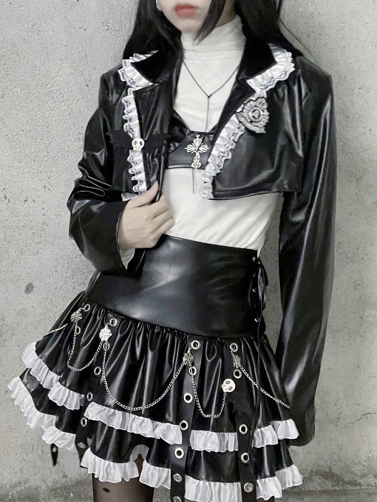 Y2K Gothic Lapel Collar PU Leather Cropped Jacket and Cami Top Set Music Festival Outfits