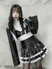 Y2K Gothic Lapel Collar PU Leather Cropped Jacket and Cami Top Set Music Festival Outfits
