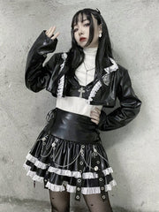 Y2K Gothic Lapel Collar PU Leather Cropped Jacket and Cami Top Set Music Festival Outfits