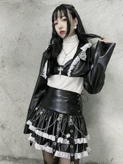 Y2K Gothic Lapel Collar PU Leather Cropped Jacket and Cami Top Set Music Festival Outfits