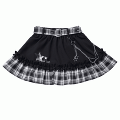 Idol Punk Black Plaid Tiered Skirt with Detachable Waist Belt & Chain