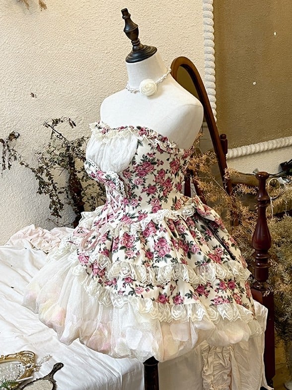 Chic Pink Rosette Hi-lo Strapless Top with Bubble Skirt Set Fairycore Floral Princess Dress