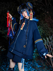 Cheongsam Goth Little Zombie Techwear Set: Navy Hooded Jacket, Shorts, Leg Warmers & Hairclips