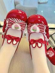 Wine Red Bunny Themed Sweet Lolita Mid-heel Mary Janes with Striped Bow, Bunny Ear Accents & Heart Snap Closure