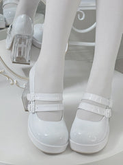 White Round-Toe PU Leather Block Heels - 9cm High Heels with Double Buckle Detail