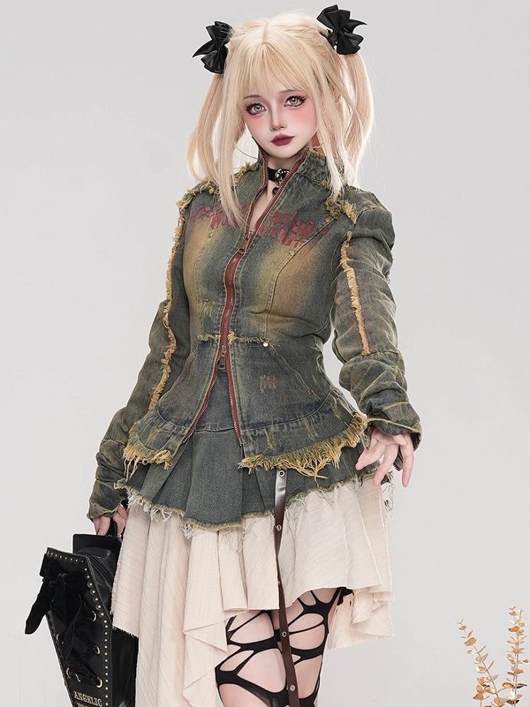 Punk Grey Letters Print Distress Trim Slim-fit Denim Jacket