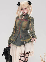 Punk Grey Letters Print Distress Trim Slim-fit Denim Jacket