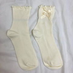 White/Black/Creamy Yellow Bow Decoration Ruffled Cotton Socks