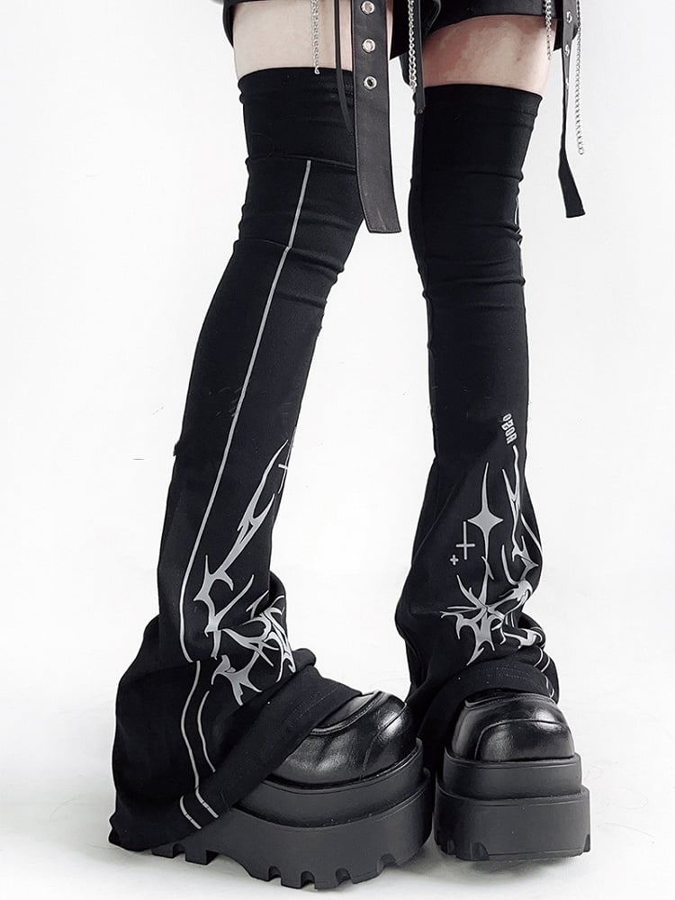Y2K Print Black Over-the-Knee Flared Leg Warmers