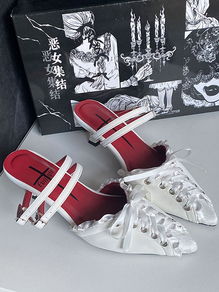 White Lace-up Detail Pointed Toe Gothic Slingback  Sandals