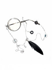 Steampunk Transparent Rhinestone Eyeglass And Black Feather Charm Chains