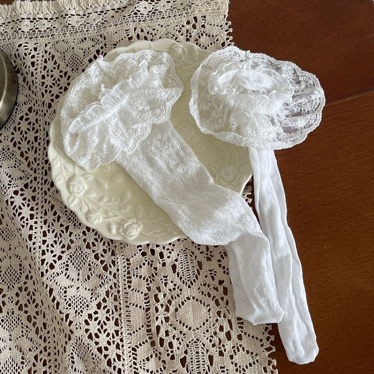 White/Pink Floral Pattern Lace Trim Socks