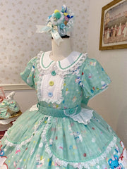 Lamb and Bunny Print Green Short Sleeves Sweet Lolita Peter Pan Collar Dress