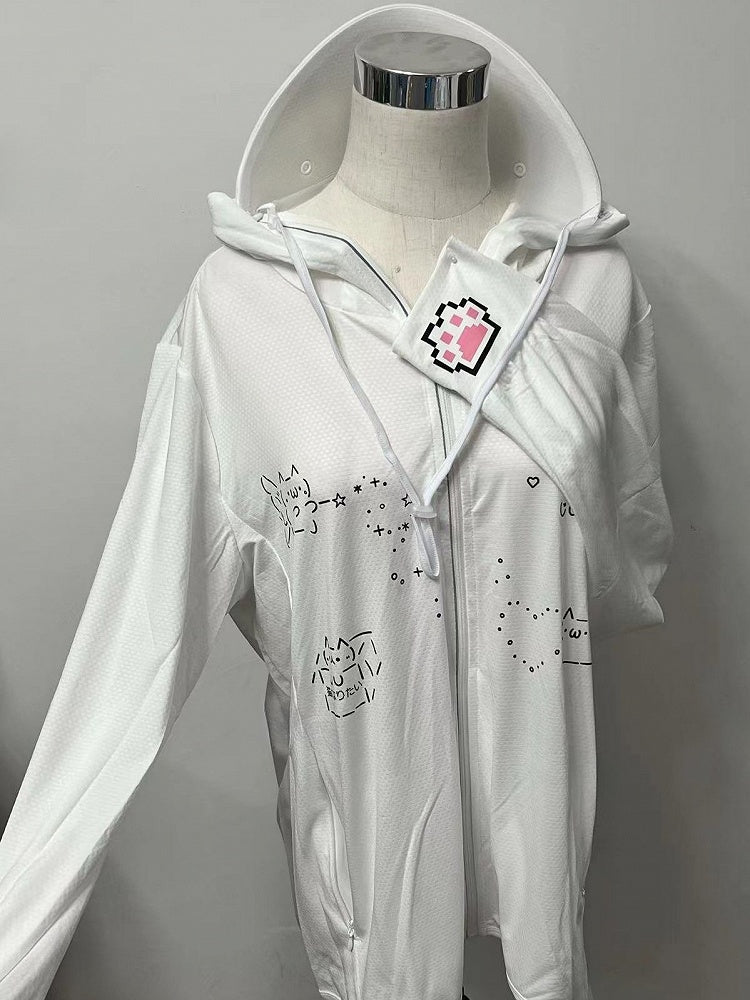 White  Jirai Kei Cat Print Sun Protection Hooded Jacket