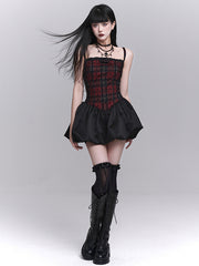 Red Plaid Basque Waist Mini Bubble Skirt Cami Dress