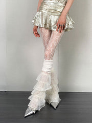 Y2K White Vine Pattern Jacquard  Fishnet Tights